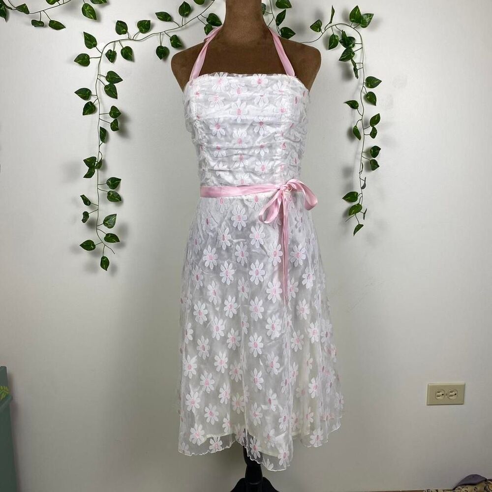 XOXO vintage y2k halter top daisy dress midi White & Pink Floral princess party